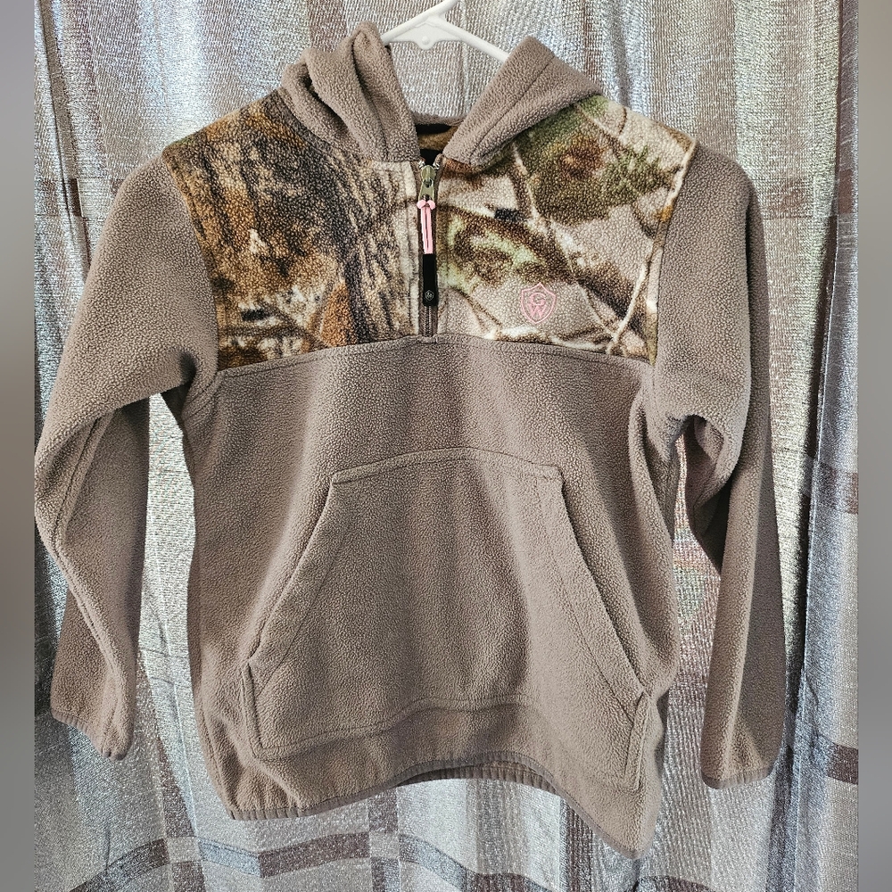 Game Winner Kid's 1/4 Zip Camo Hoodie, Kangaroo Pocket, Olive Green, Size XS